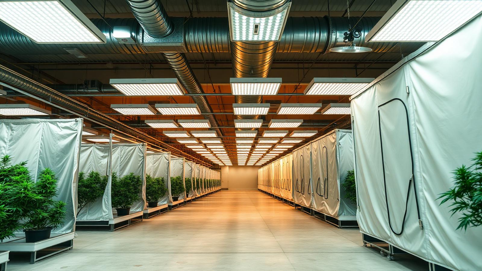 Commercial cultivation facility with LED rows